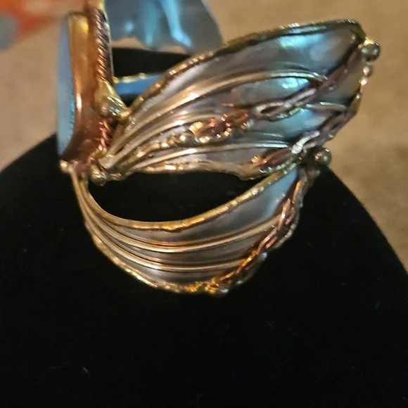 Vintage Brutalist Turqouis Sterling Silver And Copper Large Cuff Bracelet